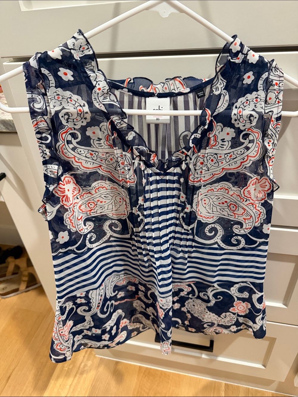 CAbi Navy, White & Coral Paisley Stripe Ruffle-Trim sheet Sleeveless Top